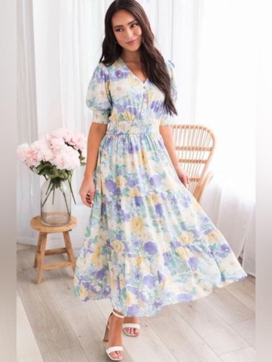 Baltic Born Dresses & Skirts - Baltic Born Floral Maxi Dress Large Pansy Print V-Neck Smocked Waist